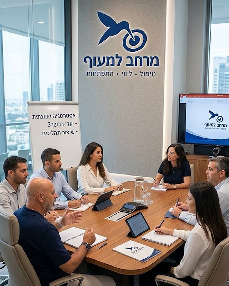 מורדי אדרי מנחה ישיבת צוות סביב שולחן, בחדר ישיבות עם הלוגו של מרחב למעוף על הקיר